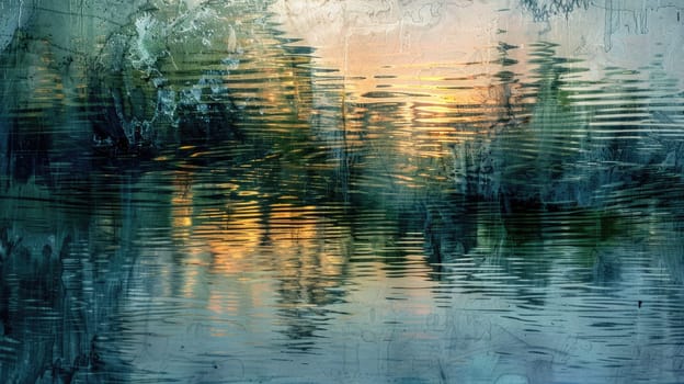A hazy image of a lake surrounded by trees, with the sun reflecting in the water. The sky is a mix of tints and shades, creating a natural landscape with an electric blue hue AIG50