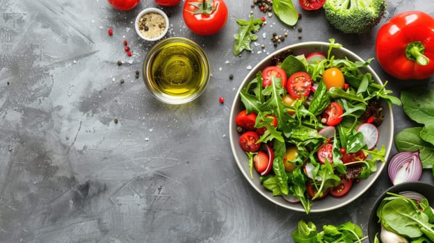 A variety of vegetables, including leafy greens and root vegetables, are artfully arranged in a circle on a table, showcasing the beauty of natural foods AIG50