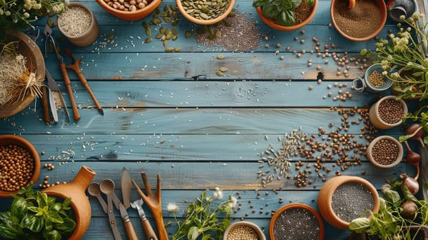 A wooden table adorned with flowerpots filled with plants and gardening tools, enhancing the landscape of a residential area AIG50