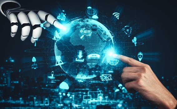 MLP 3D rendering artificial intelligence AI research of droid robot and cyborg development for future of people living. Digital data mining and machine learning technology design for computer brain.