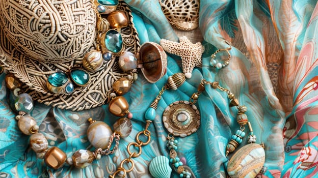 Handcrafted body jewelry made from natural materials, a set of necklace and earrings adorned with intricate patterns, sitting on the sandy beach as a creative art display AIG50