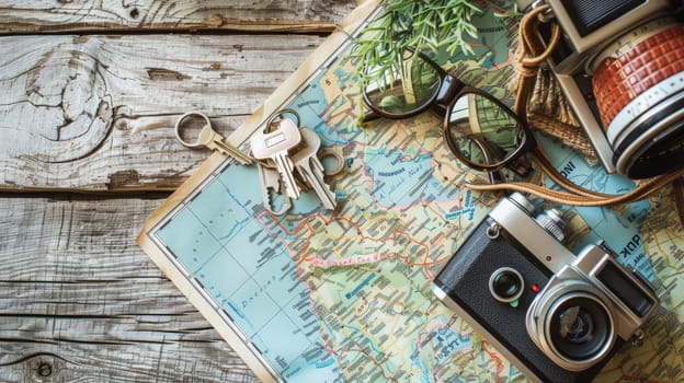 A camera, sunglasses, keys, and a map lay on a hardwood table, showcasing a beautiful wood grain pattern. The rectangle table is made of sturdy planks with a rich wooden font AIG50