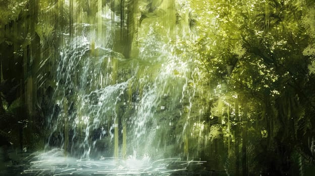 A magnificent waterfall flowing through a lush forest, surrounded by towering trees and vibrant terrestrial plants, creating a stunning natural landscape AIG50