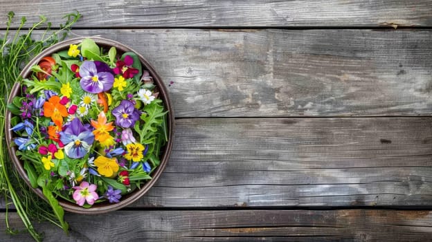 A colorful salad bowl decorated with edible flowers sits on a rustic wooden table, creating a beautiful and artistic display of natures bounty AIG50