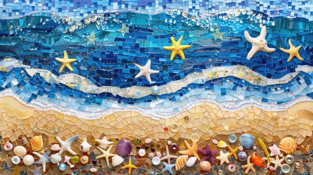 A stunning mosaic painting depicting the beauty of nature with seashells and starfish on a beach. The artwork captures the essence of the natural world in electric blue hues AIG50