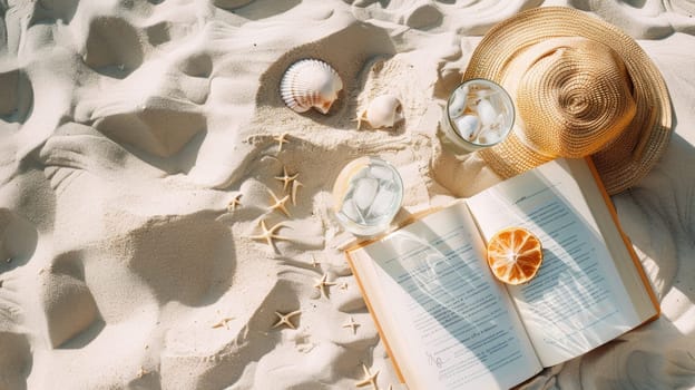 A beautiful beach landscape featuring a book, hat, starfish, seashells, and a refreshing drink by the aqua water. The perfect spot to relax and enjoy the sun AIG50