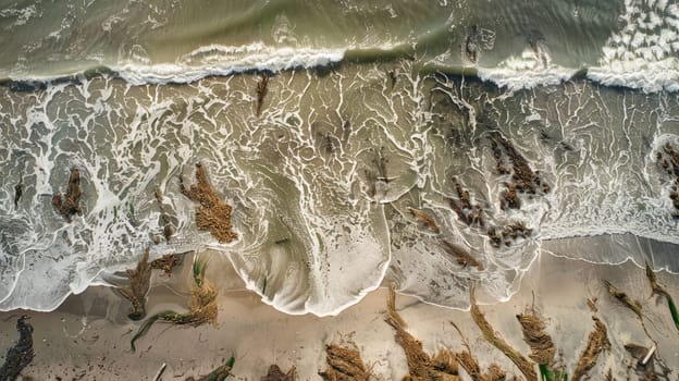 A breathtaking aerial view of waves crashing on a sandy beach, creating a beautiful water and rock landscape art in the world AIG50
