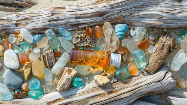 A bottle of paint sits amongst sea glass and driftwood, creating a unique art sculpture combining wood, glass, and water elements AIG50