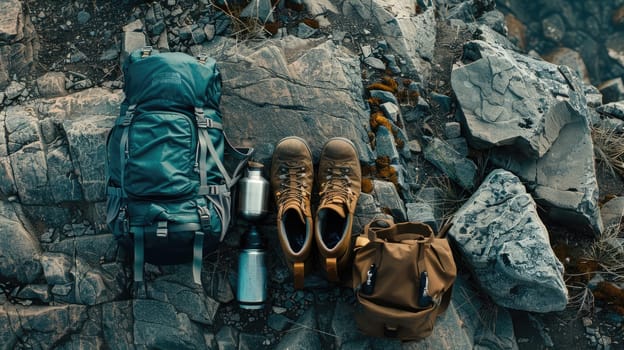 Hiking boots and gear ready for an outdoor adventure, set against a rocky terrain. AIG50