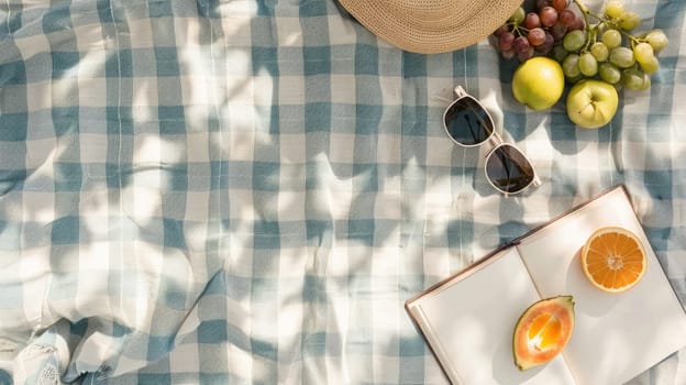 A plantbased picnic blanket with a variety of natural foods and a book on a beach with grass patterns, creating an artistic and relaxing atmosphere AIG50