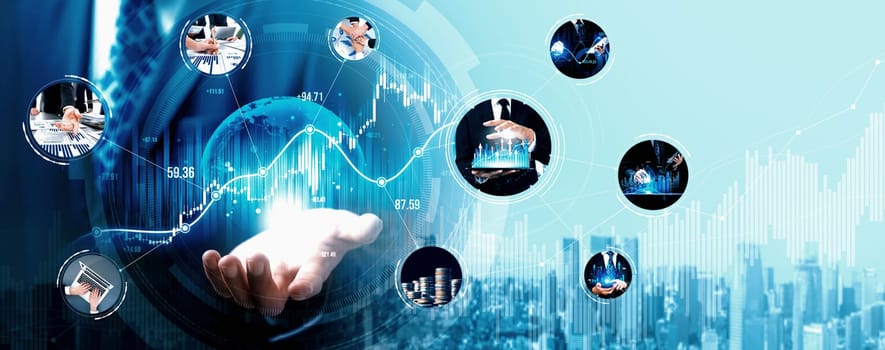 Futuristic business digital financial data technology concept for future big data analytic and business intelligence research for businessman analyst invest decisions making panoramic banner vexel