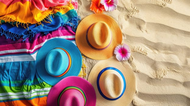 An electric blue hat, patterned scarf, stylish sunglasses, and a rainbow towel are laid out on the beach. The colors create a beautiful circle of art amidst the sand and water AIG50