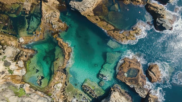 Aerial view of a vast body of water bordered by rocky terrain, showcasing a beautiful natural landscape with a mix of terrestrial plants and trees AIG50