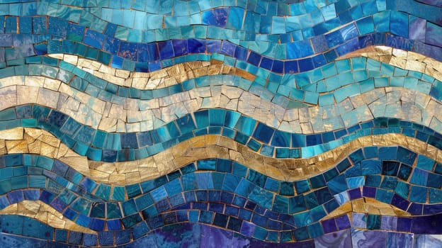 An artistic representation of azure and gold waves in the ocean, inspired by the natural landscape of an Ecoregion with mountainous landforms AIG50
