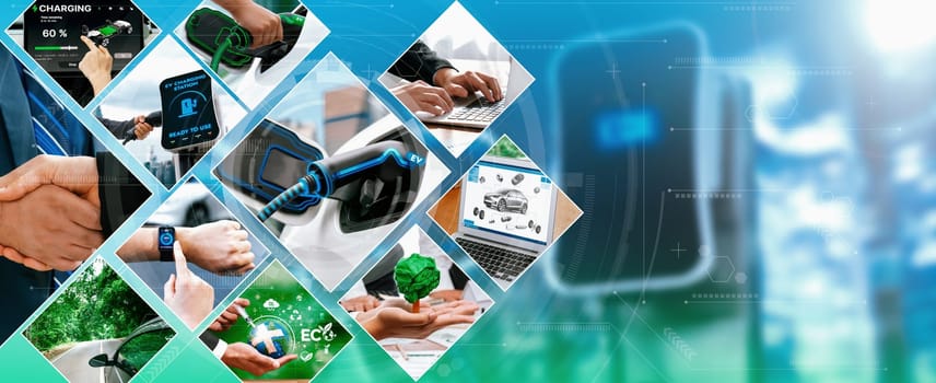 EV electric car vehicle charging and sustainable LCA green energy technology presented in panoramic banner photo collage showing eco friendly view of electric vehicle and hybrid car for future ESG