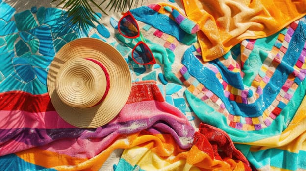 An electric blue hat, patterned scarf, stylish sunglasses, and a rainbow towel are laid out on the beach. The colors create a beautiful circle of art amidst the sand and water AIG50