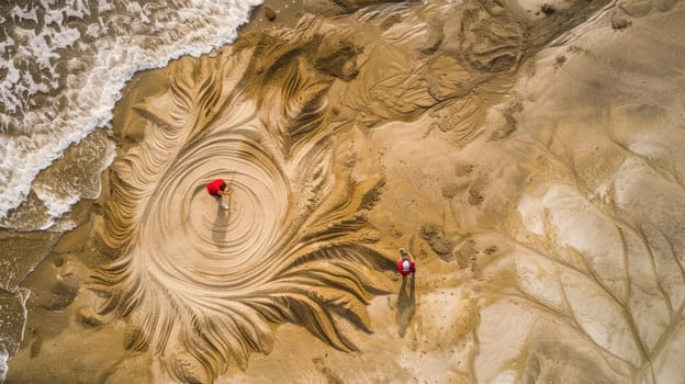 A breathtaking landscape portrayed in a stunning artwork depicting a person on a sandy beach next to the ocean, captured in exquisite detail and depth using wood as the medium AIG50