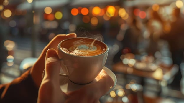 The close up picture of the person is holding the cup of the coffee by their own hand and walking on a street for relaxation also surrounded by building in city with people on blur background. AIG43.