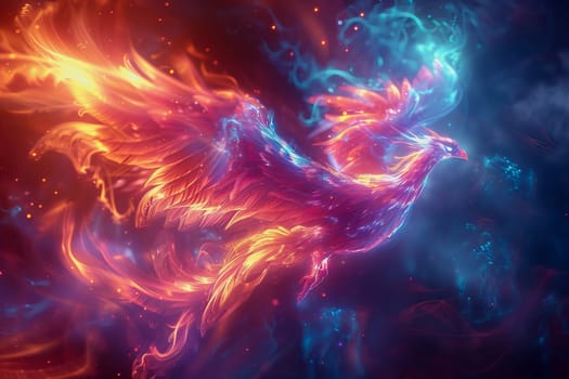 hologram of a transparent mythical phoenix glowing with ethereal radiance