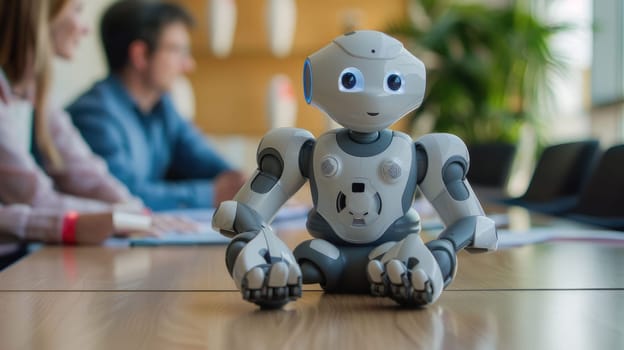 The picture of the robot on the meeting table working as the assistance that assist the human in the meeting, the assistant require skills like communication, organization and time management . AIG43.