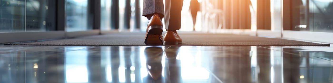 The close up picture of the person is working as a businessman and walking in the office building, the business person require skill like management, communication, negotiation and leadership. AIG43.