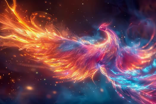 hologram of a transparent mythical phoenix glowing with ethereal radiance