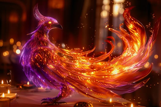 hologram of a transparent mythical phoenix glowing with ethereal radiance