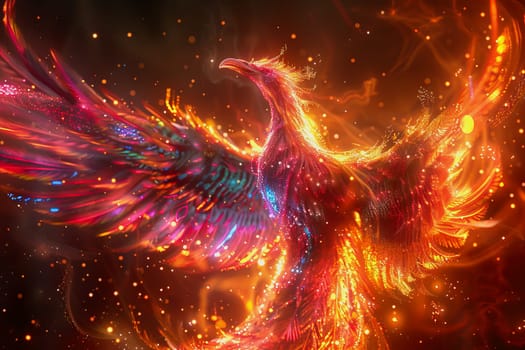 hologram of a transparent mythical phoenix glowing with ethereal radiance