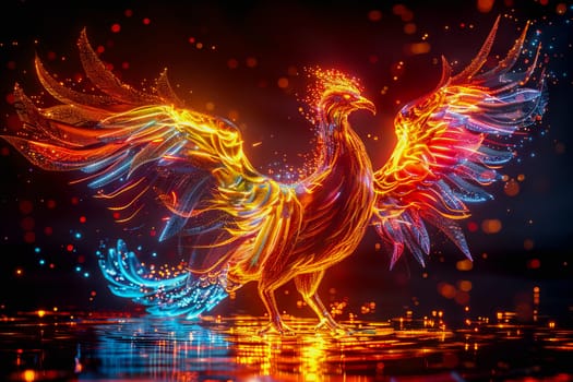 hologram of a transparent mythical phoenix glowing with ethereal radiance