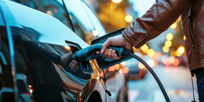 A picture about the electric vehicle that has been charging at the charging station and has been connected with the charger that has been connecting to the electric vehicle to become new tech. AIGX01.