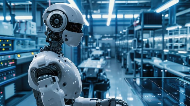 A high-tech robotics lab, engineers working on advanced AI machines, showcasing innovation and futuristic technology. Resplendent.