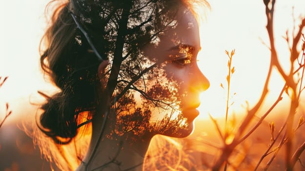 The closeup double exposure picture between young adult beautiful female caucasian human and bright beautiful nature in the morning or evening that the picture stand for peaceful of the life. AIGX01.