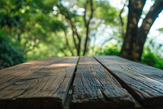 The picture of the wood table in the middle of the forest that surrounded with an uncountable amount of tree and plant in the forest with a bright light from the brightest sun of the daytime. AIGX03.