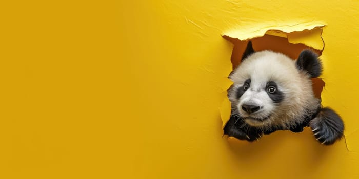 Close up view picture of the hollow yellow hole on the the wall that show the panda stay inside the wall that has been made from some material yet still can break to look through other side. AIGX03.