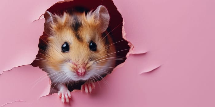 Close up view picture of the hollow pink hole on the the wall that show the hamster stay inside the wall that has been made from some material yet still can break to look through other side. AIGX03.