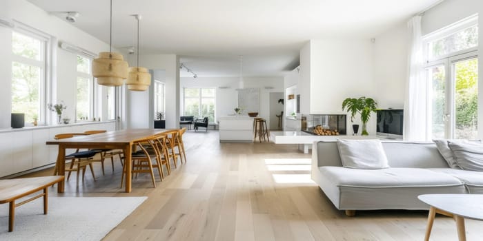 A bright and airy modern living room with stylish staircase, hardwood floors, and contemporary furniture, bathed in natural sunlight. Bright and airy Scandinavian living room. Resplendent.