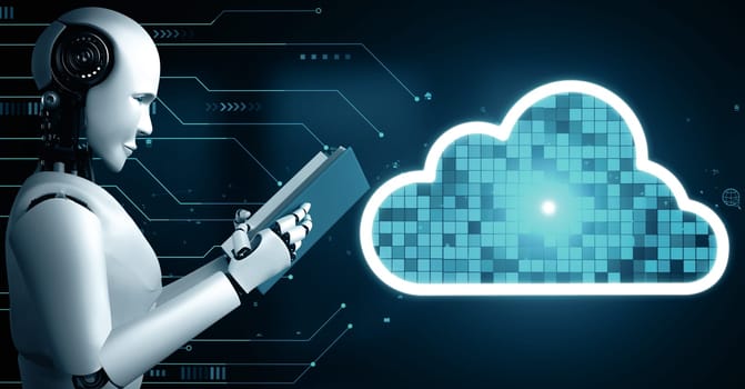 MLP 3d illustration AI robot huminoid uses cloud computing technology to store data on online server. Futuristic concept of cloud information storage analyzed by machine learning process. 3D rendering.