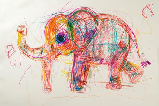The hand drawing colourful picture of the elephant that has been drawn by the colored pencil, crayon or chalk on white blank background that seem to be drawn by the child that willing to draw. AIGX01.