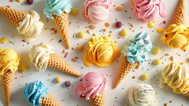 The various group of the colourful ice cream cones that has been laid on the blank floor and melting by the temperature of the blank room that decorated with the rainbow colourful toppings. AIGX03.