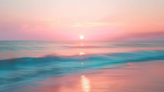 A dreamy, blurry photo capturing the red sky at morning above the ocean. The sun is setting, painting the sky in shades of orange and red, creating a beautiful natural landscape AIG50