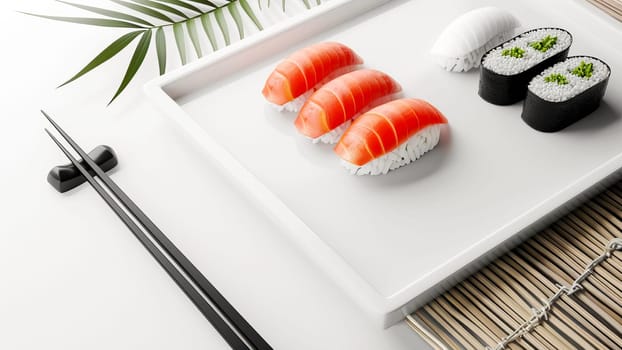 Sushi, Japanese food on a white Japanese plate on a white background.