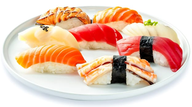 Sushi, Japanese food on a white Japanese plate on a white background.