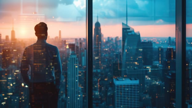 A man in a suit gazes through azure-tinted glass, captivated by the electric blue sky and the symmetrical skyscrapers towering in the cityscape. AIG41