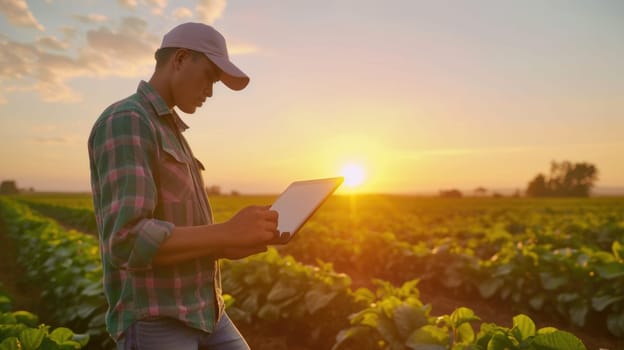 Young skilled farmer working at rice field sunset with golden ray while looking at tablet and analysis data. Agricultural people checking his crop while standing at farm. Sustainable concept. AIG42.