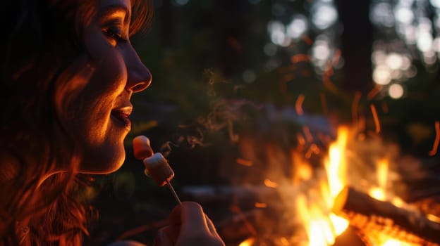 A close up of a woman with black hair, amber eyes, and a smile as she looks at the fire. Her nose and eyebrows are highlighted by the heat, while her eyelashes flutter in the fun of the moment AIG50