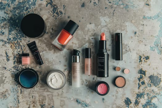 A flat lay composition featuring a variety of cosmetics arranged alongside skincare products on a textured background