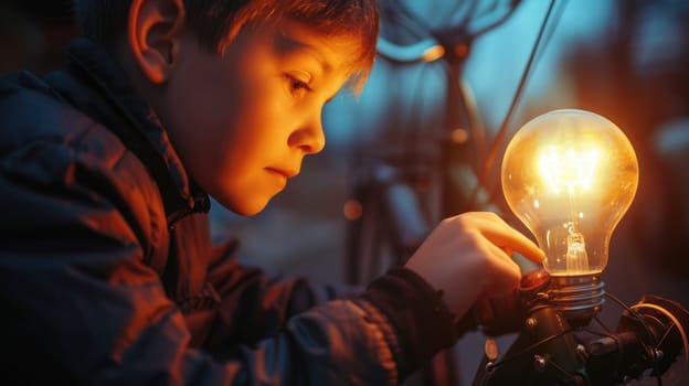 Energetic elementary student inventing light bulb and bicycle at house. Attractive curious child and boy looking at bulb while thinking about creative idea with blurring background. Science. AIG42.