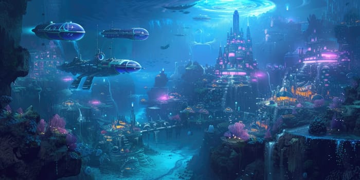 An underwater city with bioluminescent coral, schools of colorful fish, and ancient ruins, all illuminated by the eerie glow of an underwater volcano. Resplendent.