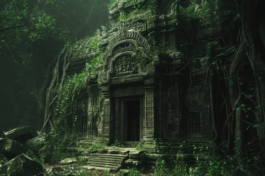 An ancient, abandoned temple overrun by nature, with intricate carvings and overgrown vines. Resplendent.