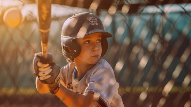 A portrait of elementary student playing baseball at baseball stadium while wearing safety gear. Energetic child holding baseball bat and standing at baseball field with blurring background. AIG42.